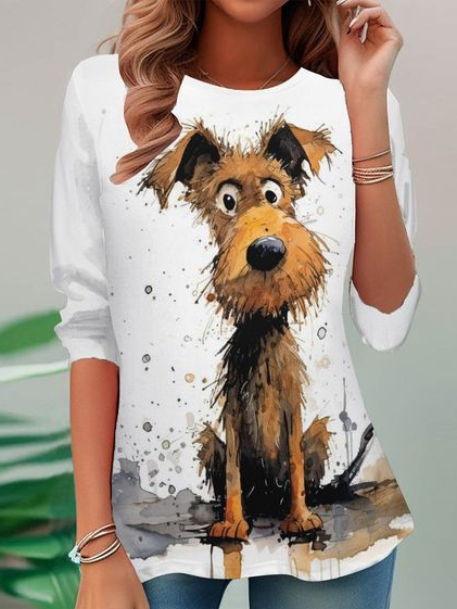 Casual Crew Neck Long Sleeve Dog Fashion Regular T-Shirt
