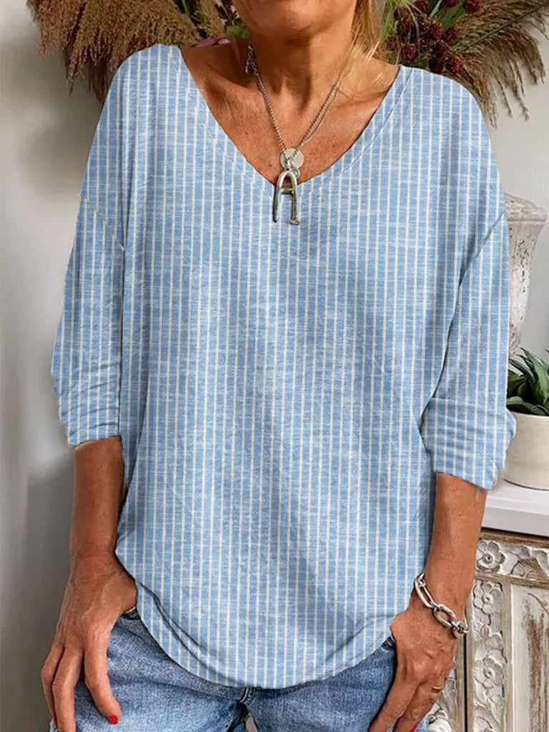 Loose V Neck Long Sleeve Striped Vintage Regular T-Shirt