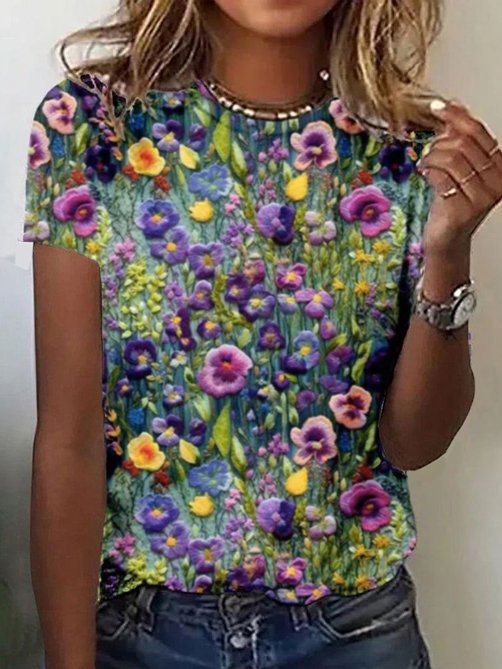 Casual Short Sleeve Crew Neck Floral Fashion Regular T-Shirt
