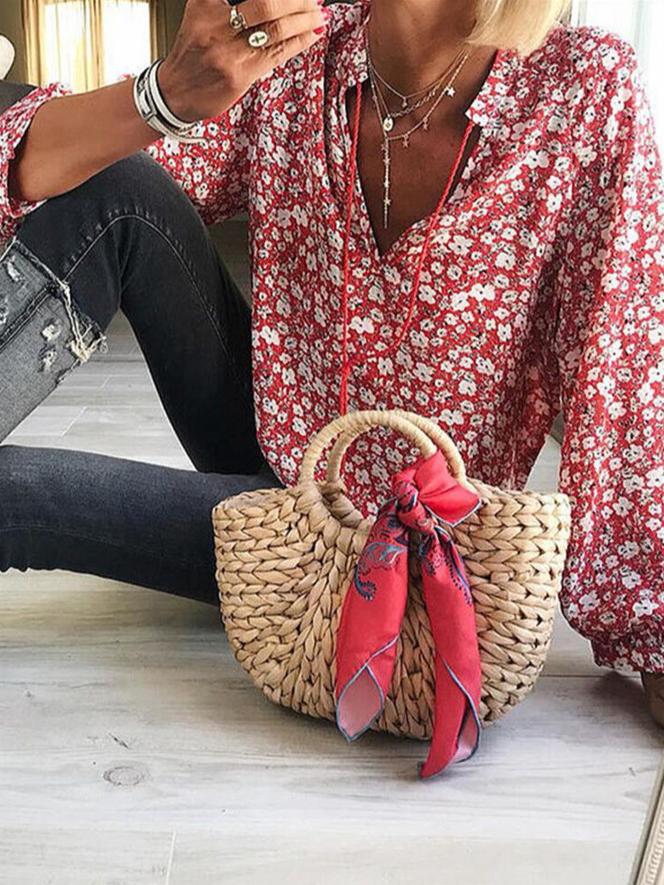 Fashion V Neck Long Sleeve Floral Loose Regular Blouse