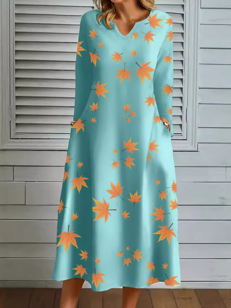 Fashion Crew Neck Long Sleeve Leaf Loose Midi Dress