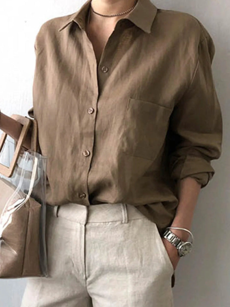Fashion Long Sleeve Shirt Collar Plain Loose Regular Shirt