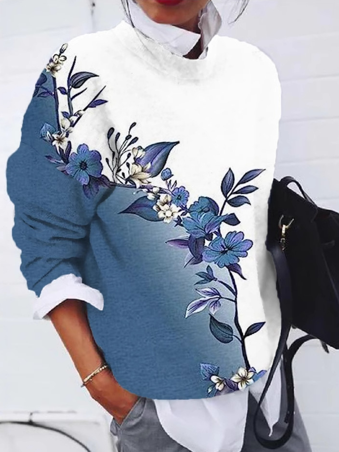 Casual Crew Neck Long Sleeve Floral Zipper Fashion Regular Sweatshirt