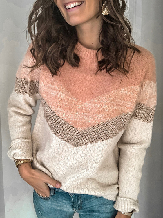 Fashion Crew Neck Long Sleeve Color Block Loose Regular Sweater