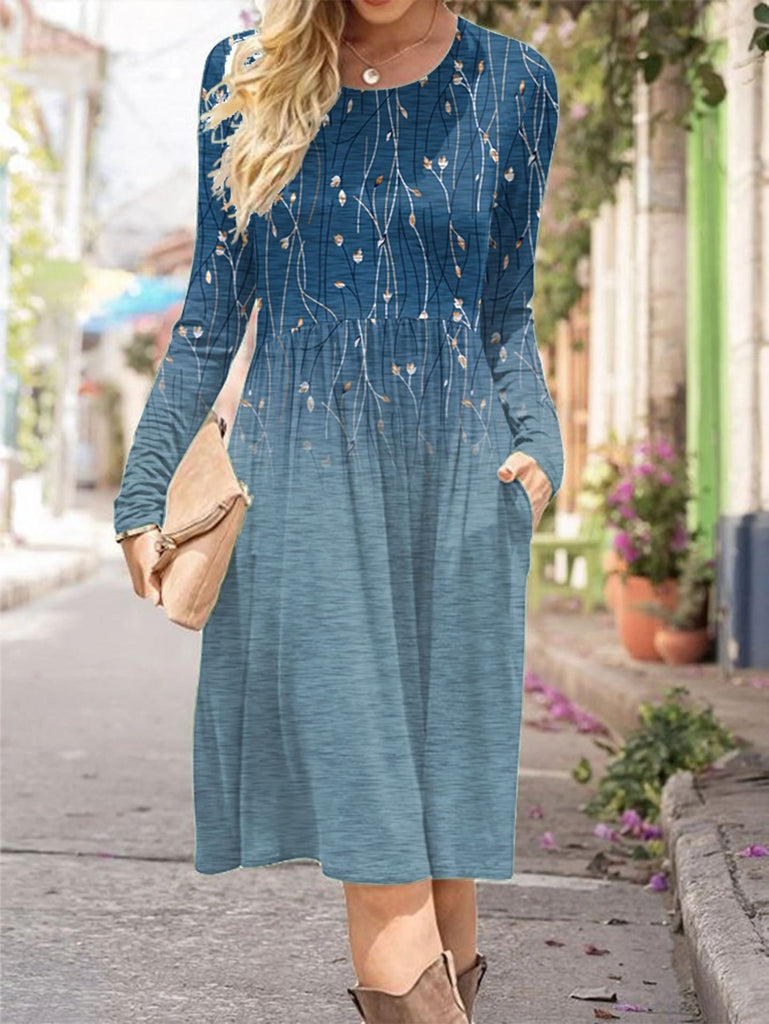 Fashion Crew Neck Long Sleeve Floral Midi Dress