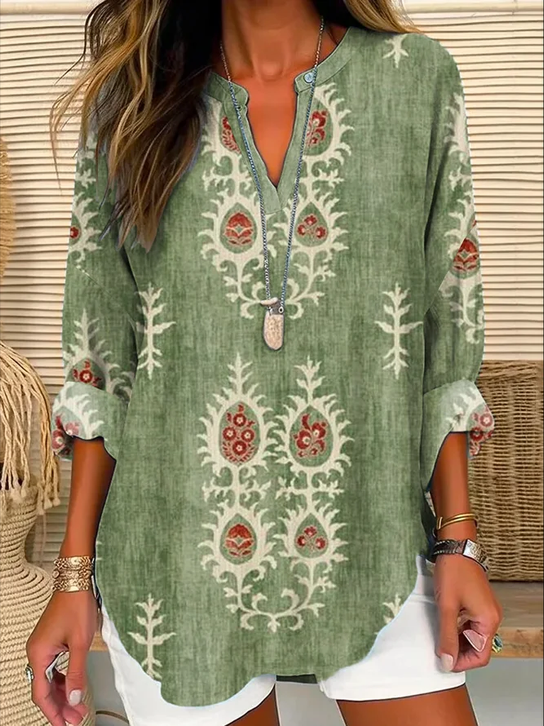 Loose Long Sleeve Notched Ethnic Fashion Regular Blouse