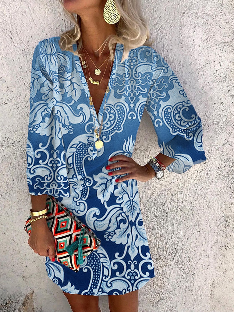 Fashion 3/4 Sleeve V Neck Ethnic Loose Short Dress