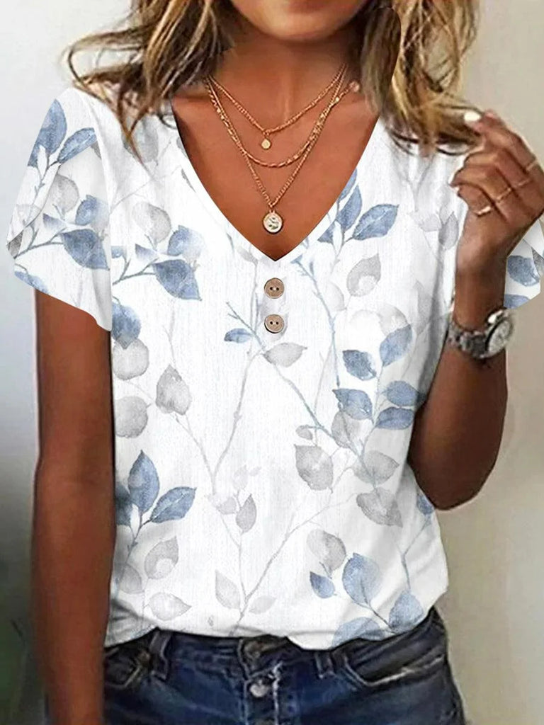 Fashion V Neck Short Sleeve Leaf Casual Regular T-Shirt