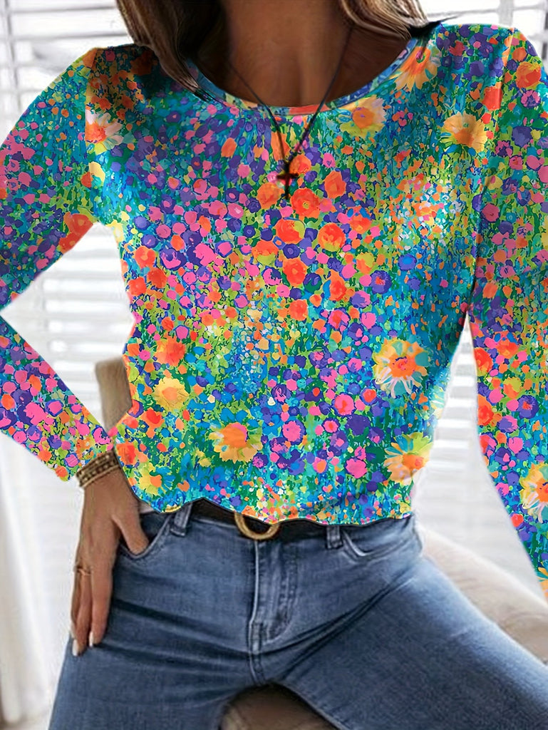 Casual Crew Neck Long Sleeve Floral Fashion Regular T-Shirt