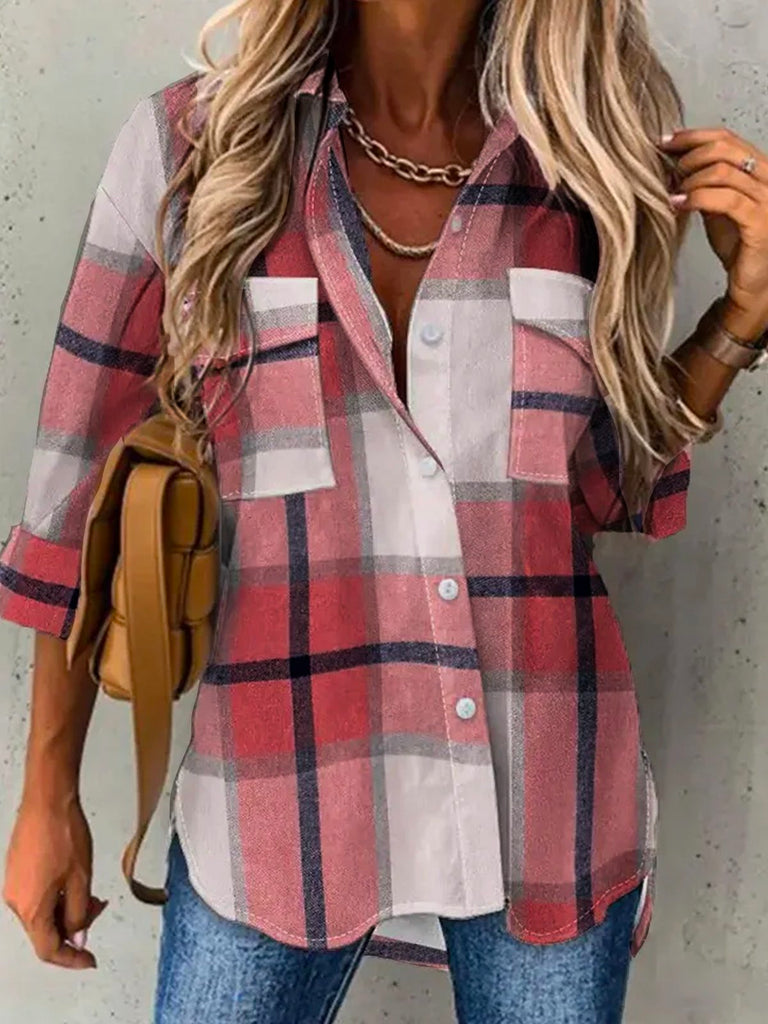 Fashion Long Sleeve Shirt Collar Plaid Loose Regular Blouse