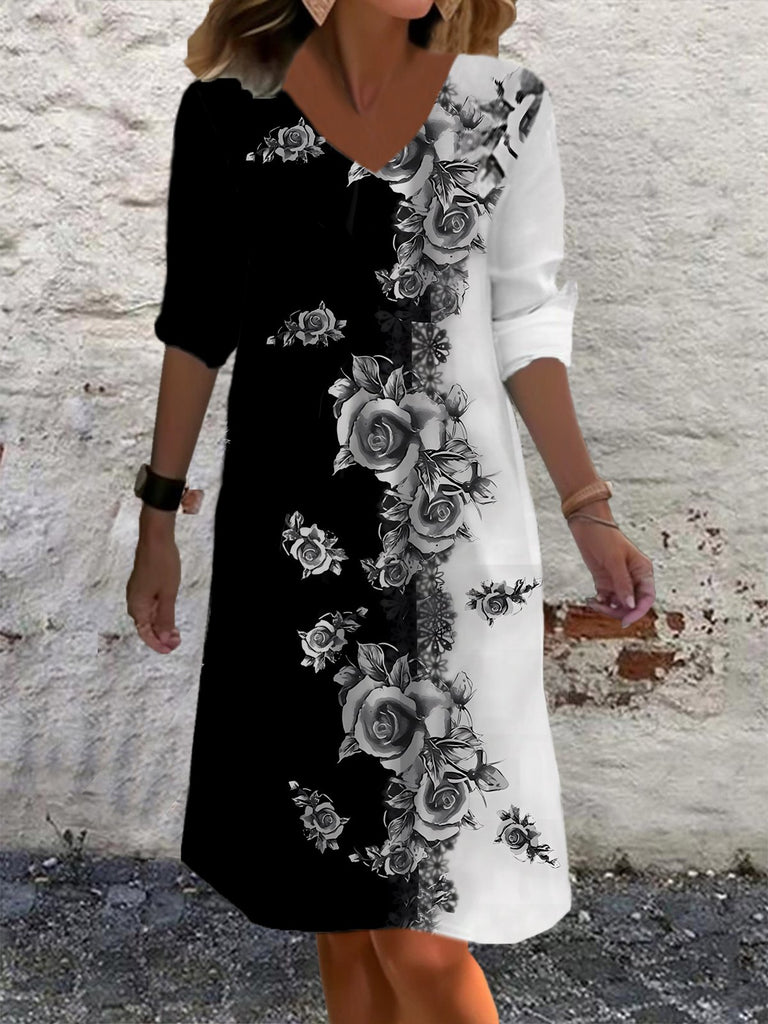 Fashion V Neck Long Sleeve Floral Short Dress