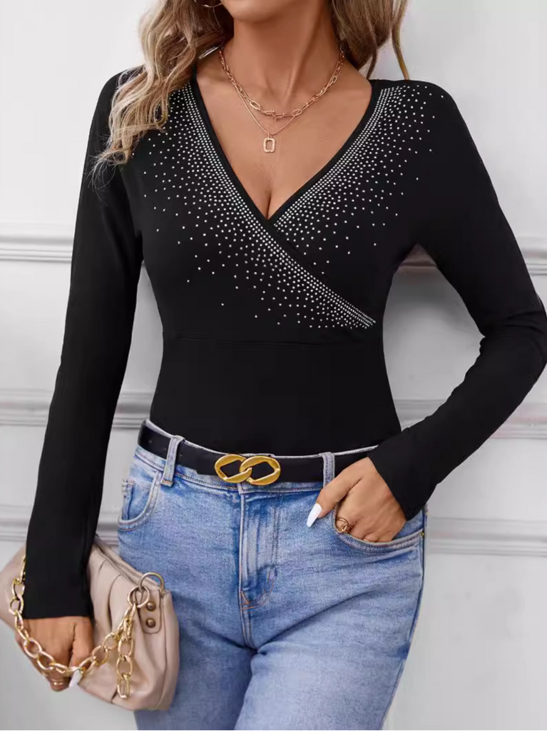 Fashion V Neck Long Sleeve Polka Dots Tight Regular Blouse