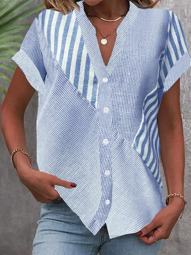 Fashion Short Sleeve Notched Striped Loose Regular Shirt
