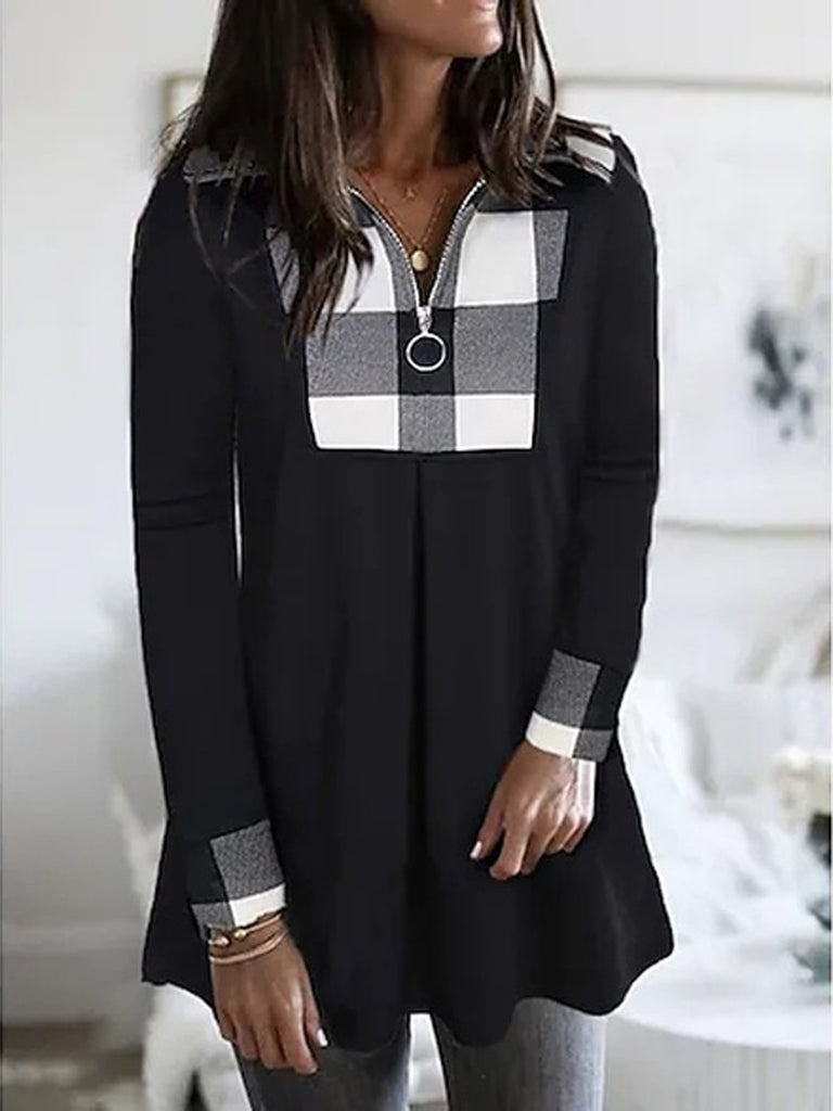 Fashion V Neck Long Sleeve Grid Loose Mid-Long Blouse