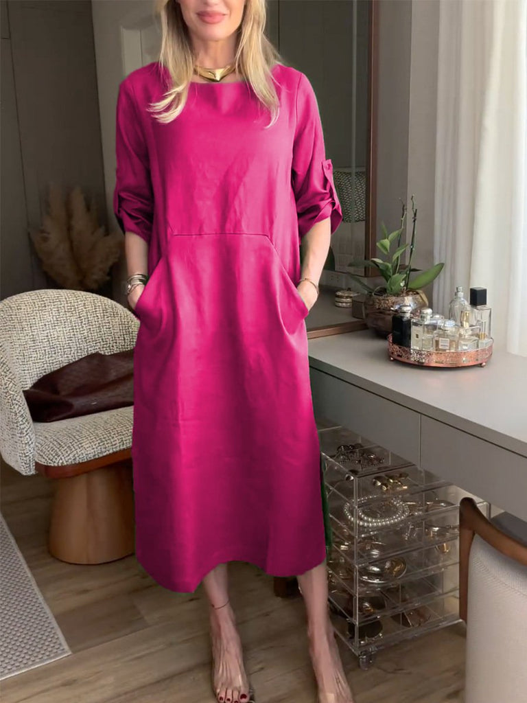 Fashion Crew Neck Long Sleeve Plain Loose Midi Dress