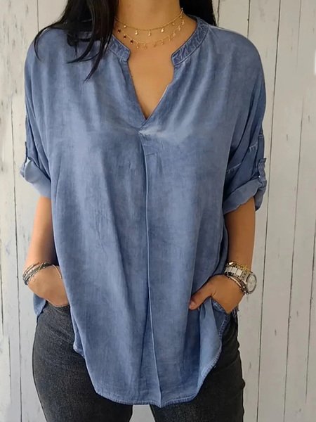 Loose Half Sleeve V Neck Plain Fashion Regular Blouse