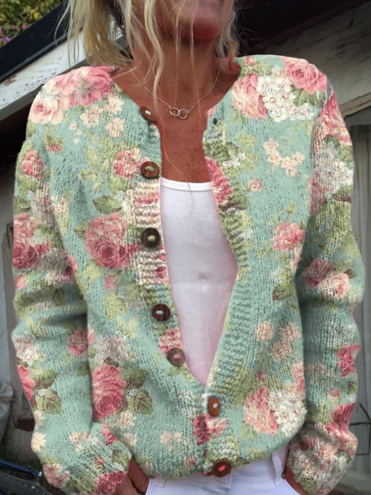 Loose Crew Neck Long Sleeve Floral Fashion Regular Cardigan