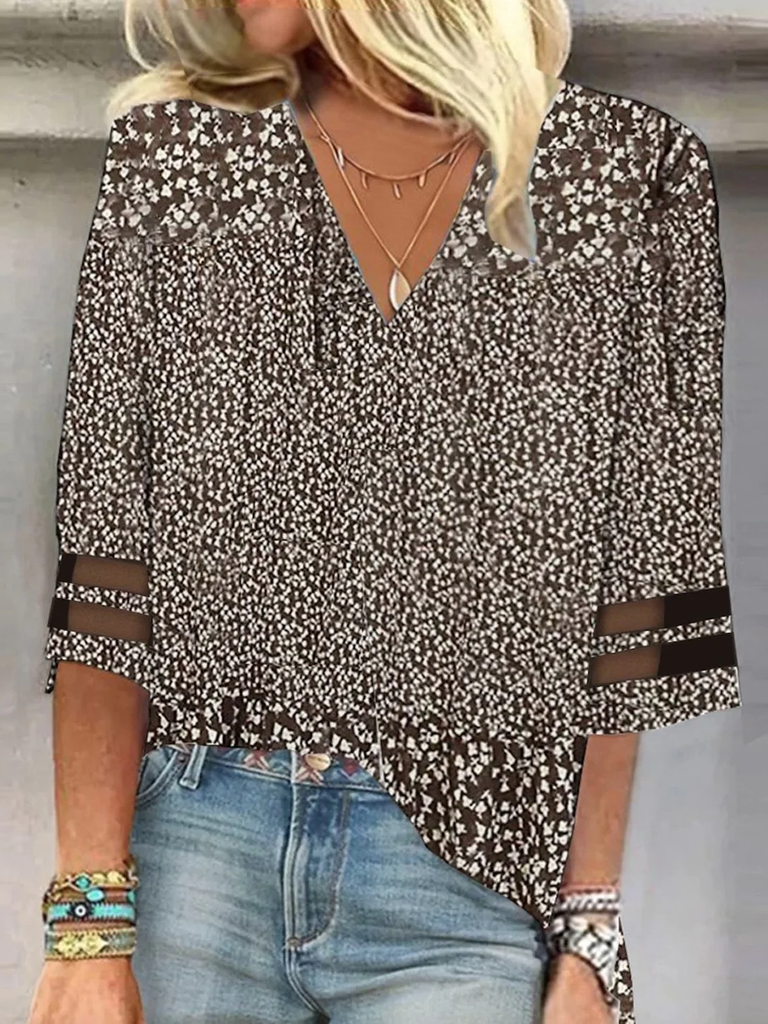 Loose 3/4 Sleeve V Neck Ditsy Floral Fashion Regular Blouse