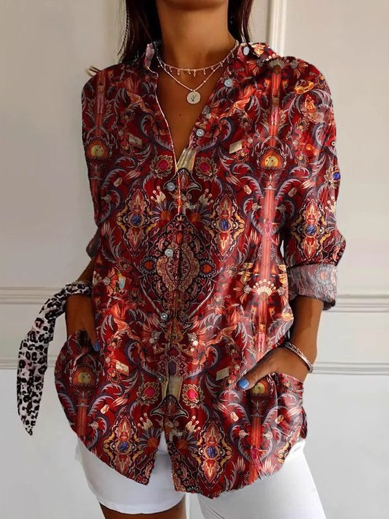 Loose Long Sleeve Shirt Collar Geometric Floral Fashion Regular Shirt