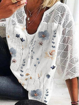 Loose 3/4 Sleeve V Neck Floral Pattern Linen Regular Blouse