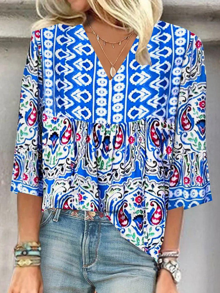 Fashion 3/4 Sleeve V Neck Ethnic Regular Blouse