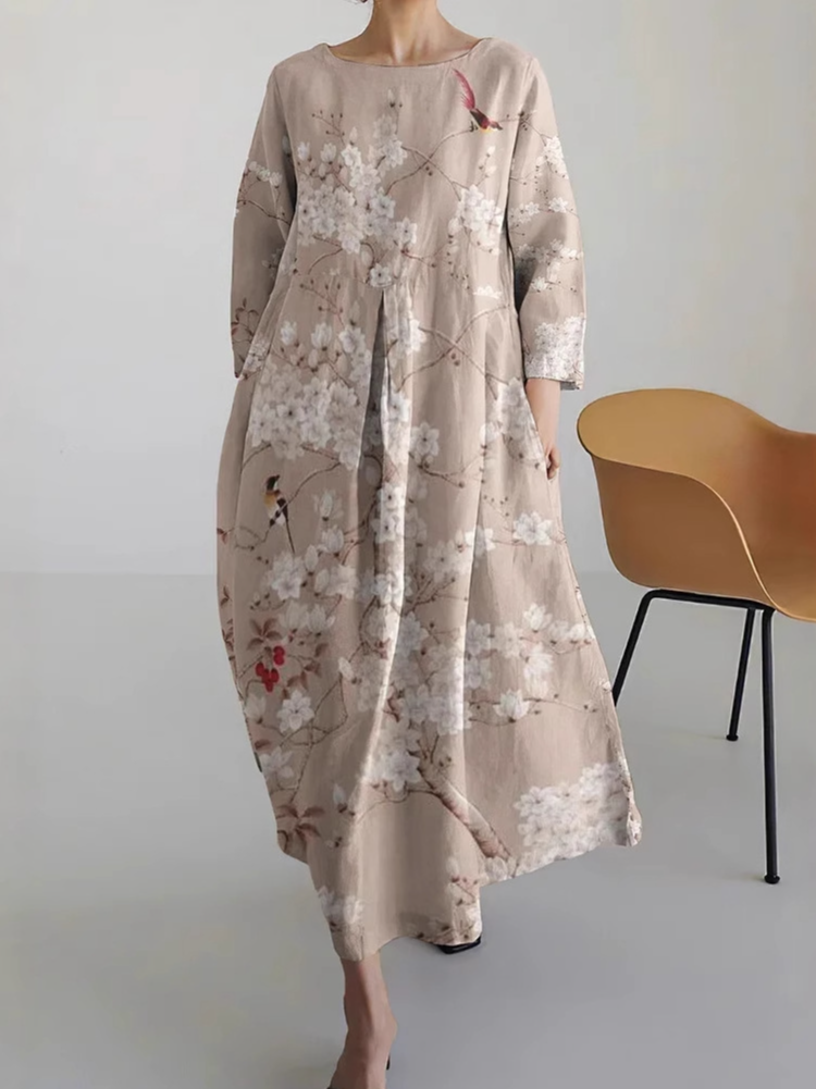 Fashion 3/4 Sleeve Crew Neck Floral Loose Maxi Dress