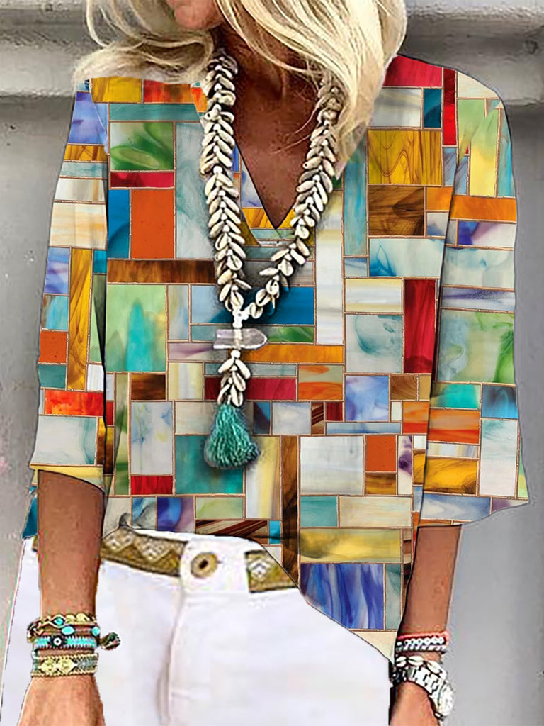 Loose 3/4 Sleeve V Neck Geometric Fashion Regular Blouses