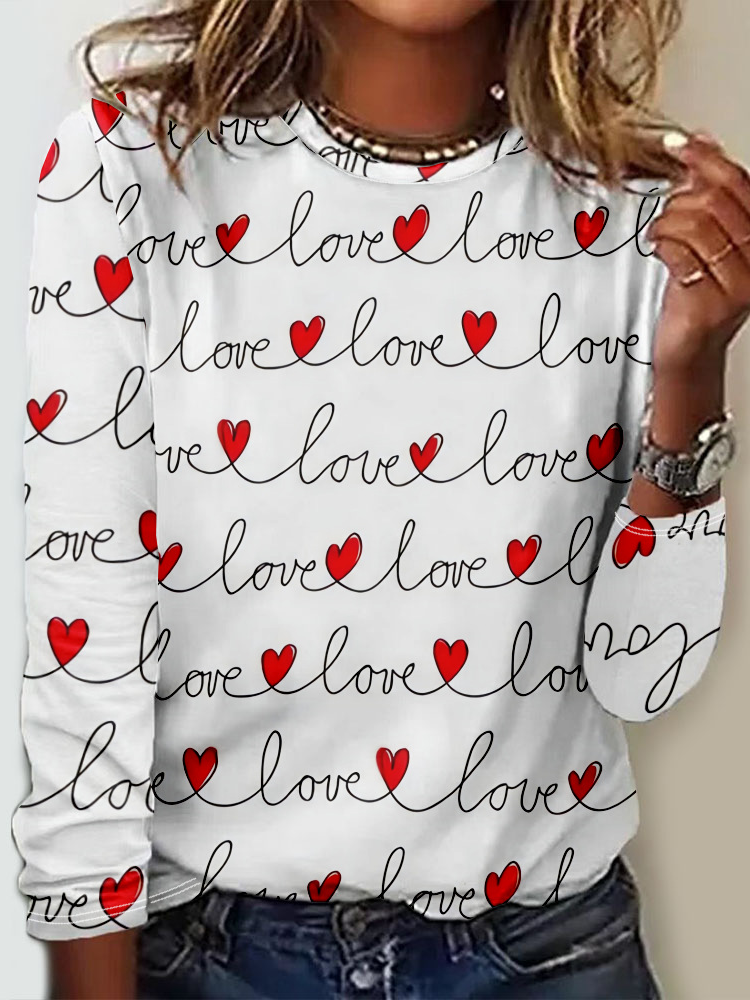 Casual Crew Neck Long Sleeve Heart/Cordate Fashion Regular T-Shirt