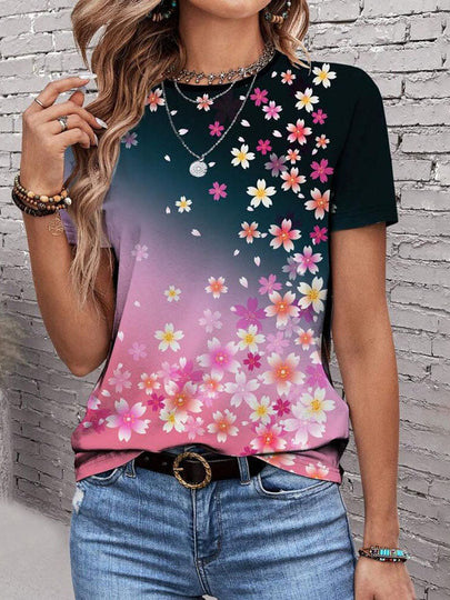 Casual Short Sleeve Crew Neck Floral Fashion Regular T-Shirt