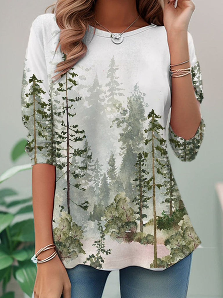 Loose Crew Neck Long Sleeve Tree Fashion Regular T-Shirt