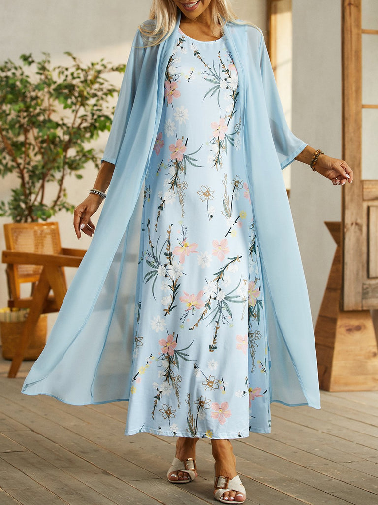 Fashion Half Sleeve Crew Neck Floral Loose Maxi Dress