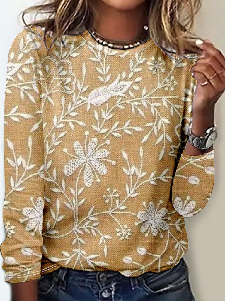 Vintage Crew Neck Long Sleeve 3D Printing Loose Regular T-Shirt