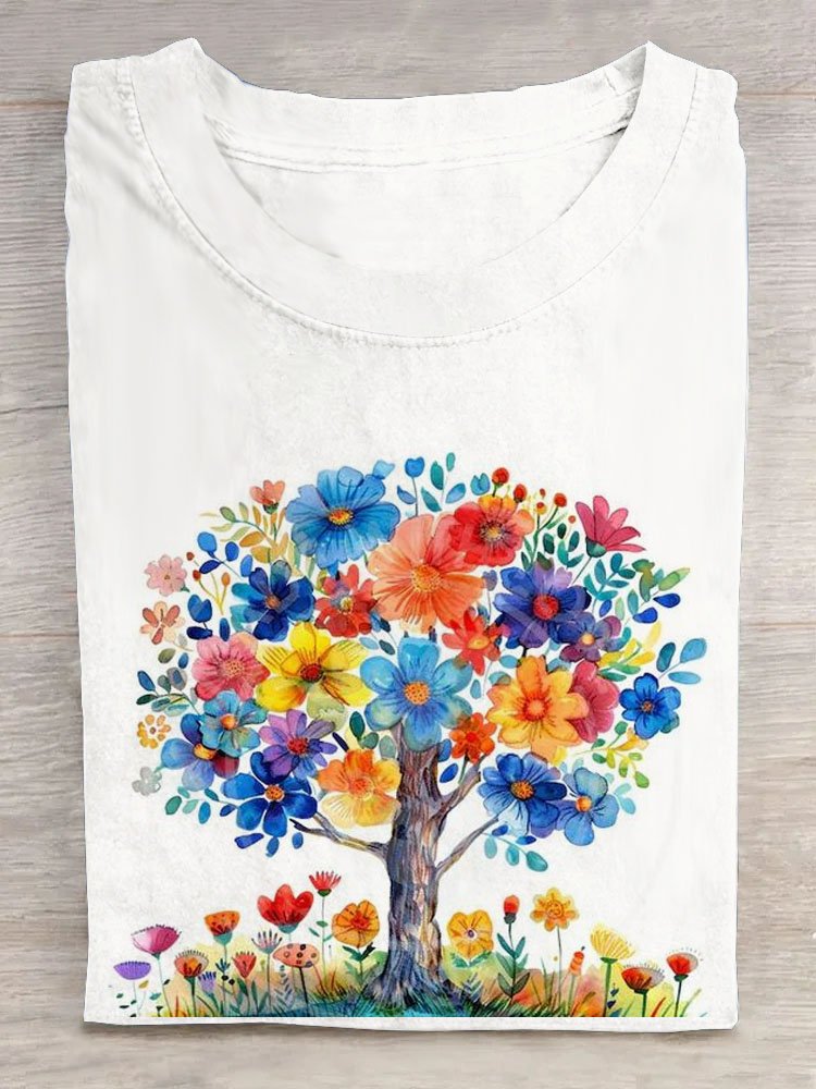 Fashion Short Sleeve Crew Neck Tree Floral Casual Regular T-Shirt
