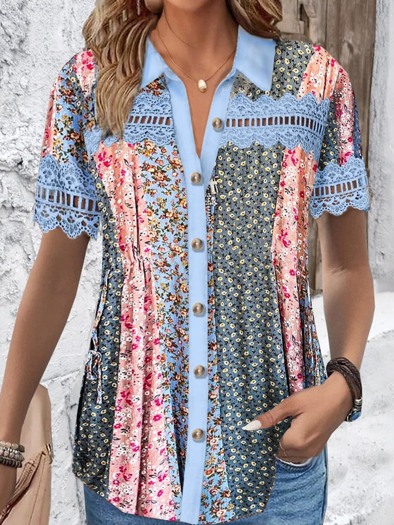 Fashion Short Sleeve Shirt Collar Floral Loose Regular Shirt