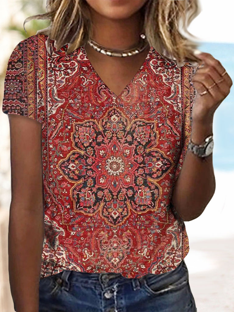 V Neck Short Sleeve Ethnic Fashion Regular T-Shirt