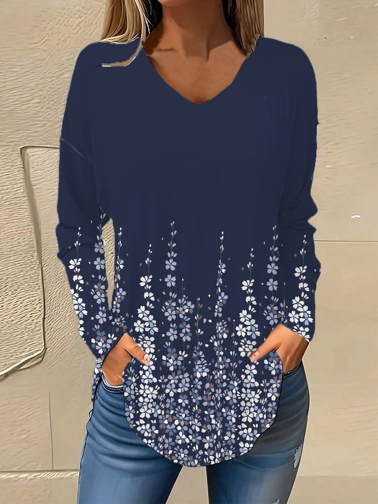 Loose V Neck Long Sleeve Floral Fashion Regular Blouse