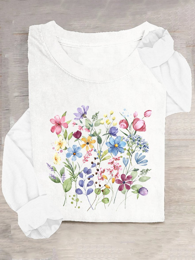 Fashion Crew Neck Long Sleeve Floral Casual Regular T-Shirt