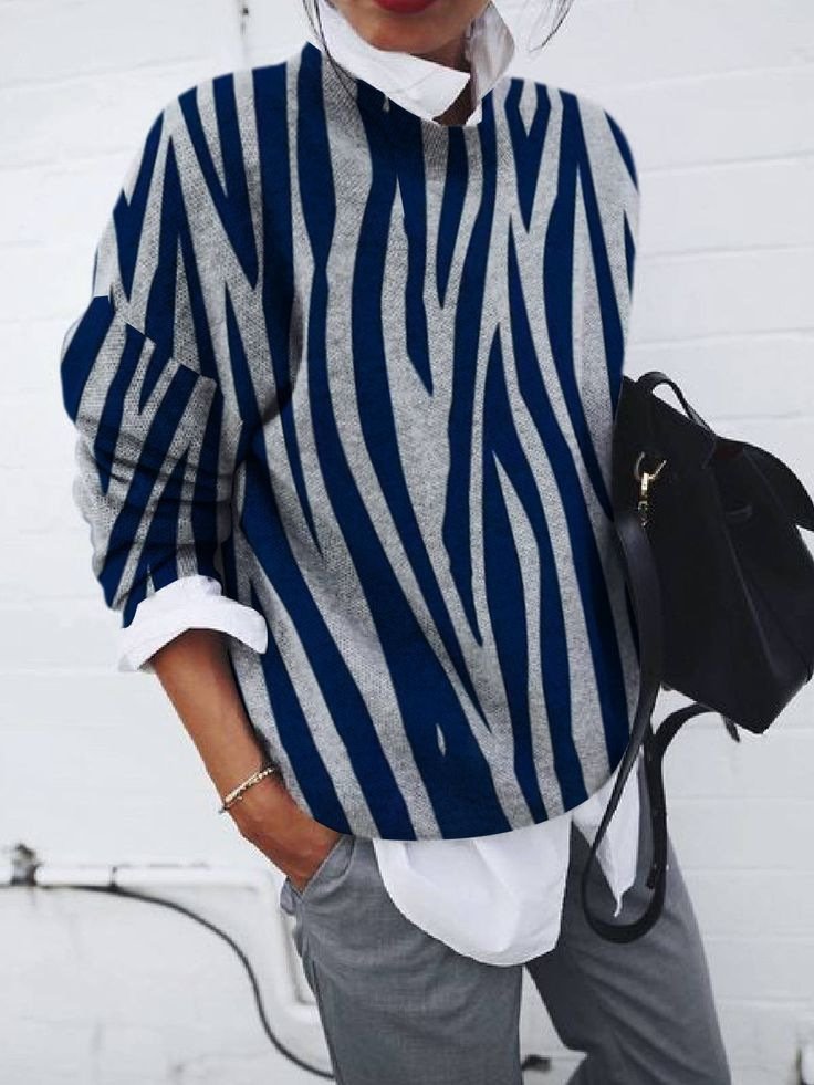 Casual Crew Neck Long Sleeve Striped Zipper Fashion Regular Sweatshirt