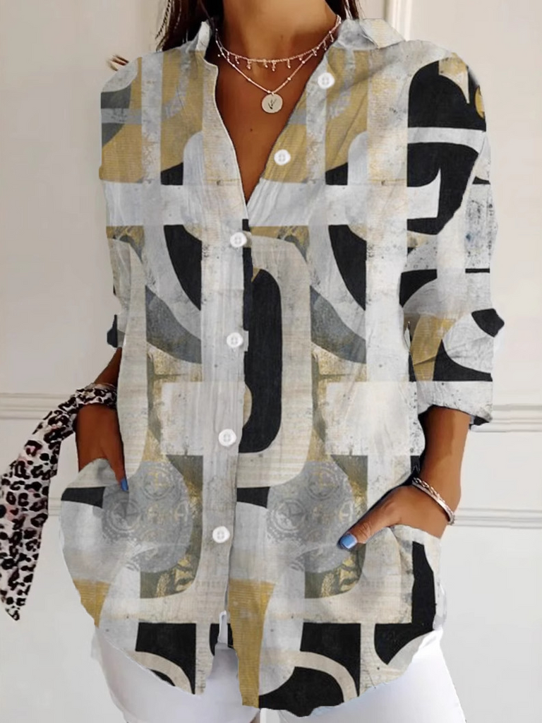 Fashion Long Sleeve Shirt Collar Abstract Loose Regular Shirt