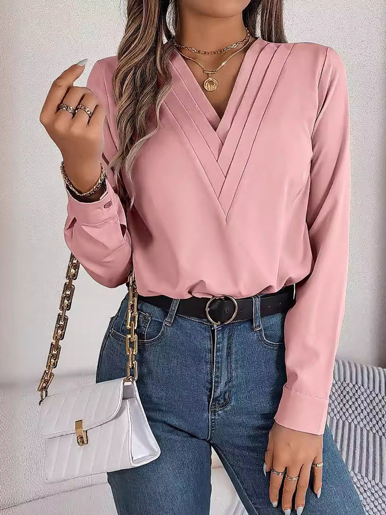 Fashion V Neck Long Sleeve Plain Loose Regular Blouse