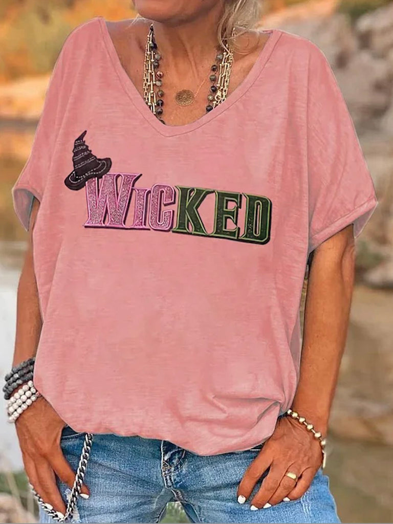 Vintage V Neck Short Sleeve Text Letters Loose Regular T-Shirt