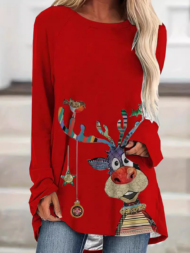 Fashion Crew Neck Long Sleeve Christmas Loose Regular Blouses