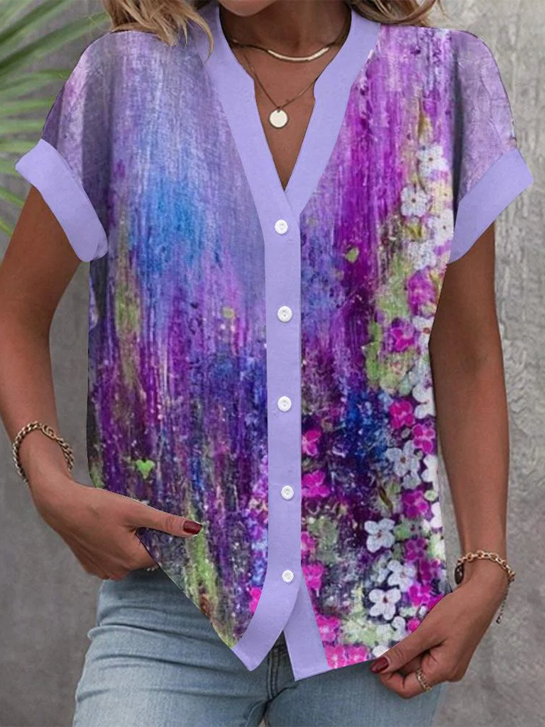 Loose V Neck Short Sleeve Floral Fashion Regular Shirt