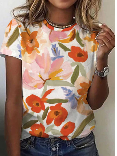 Fashion Short Sleeve Crew Neck Floral Casual Regular T-Shirt
