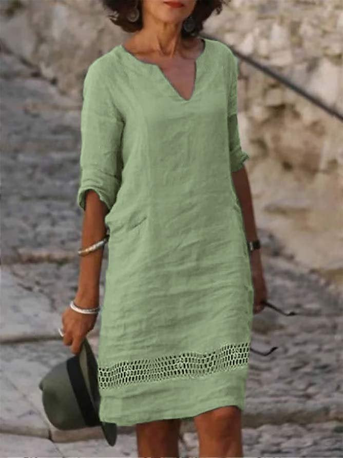 Linen 3/4 Sleeve Notched Plain Loose Short Dress