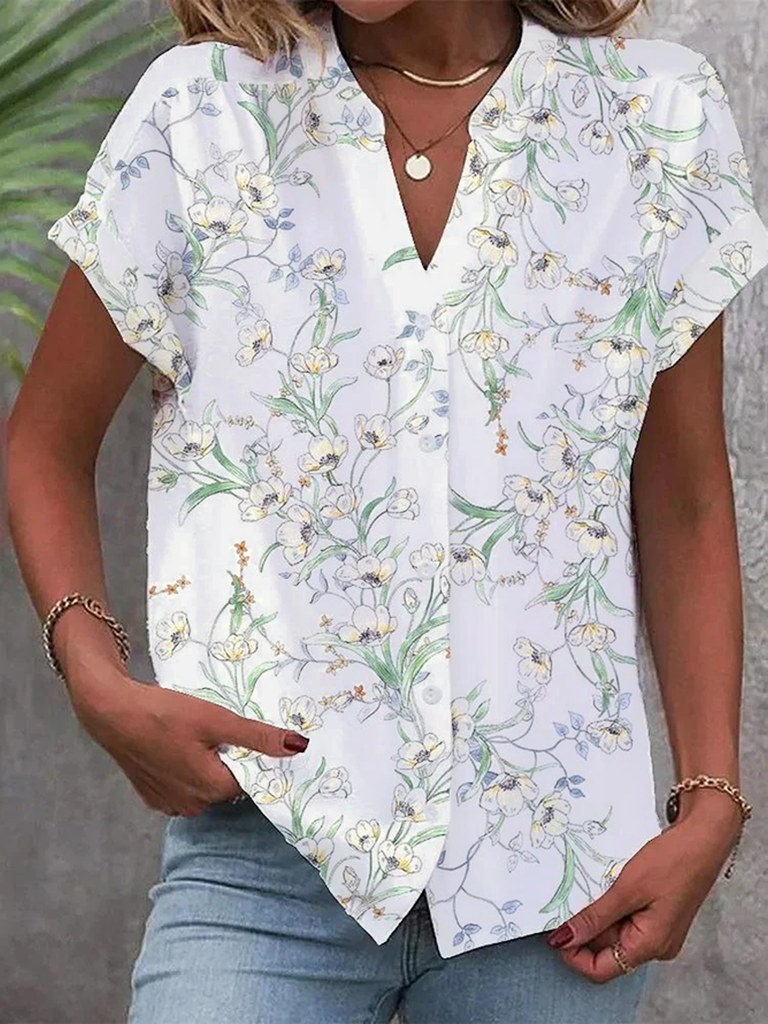 Fashion Short Sleeve Notched Floral Loose Regular Shirt