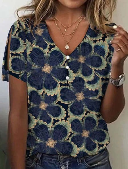 Casual V Neck Short Sleeve Floral Fashion Regular T-Shirt