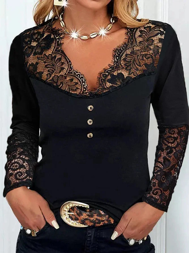 V Neck Long Sleeve Plain Fashion Regular T-Shirt