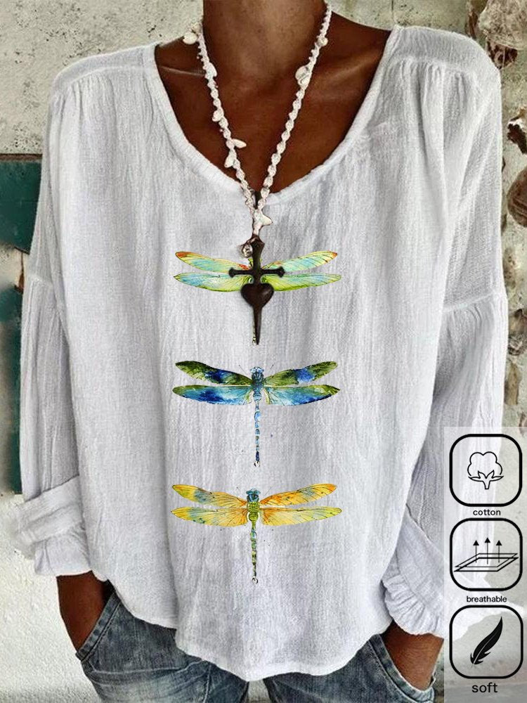 Loose Crew Neck Long Sleeve Dragonfly Fashion Regular Blouses