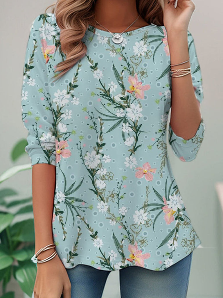 Casual Crew Neck Long Sleeve Floral Fashion Regular T-Shirt
